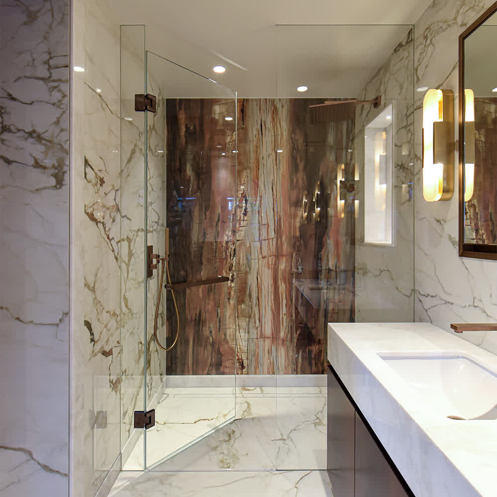 wall recessed inline shower enclosure with copper hinges