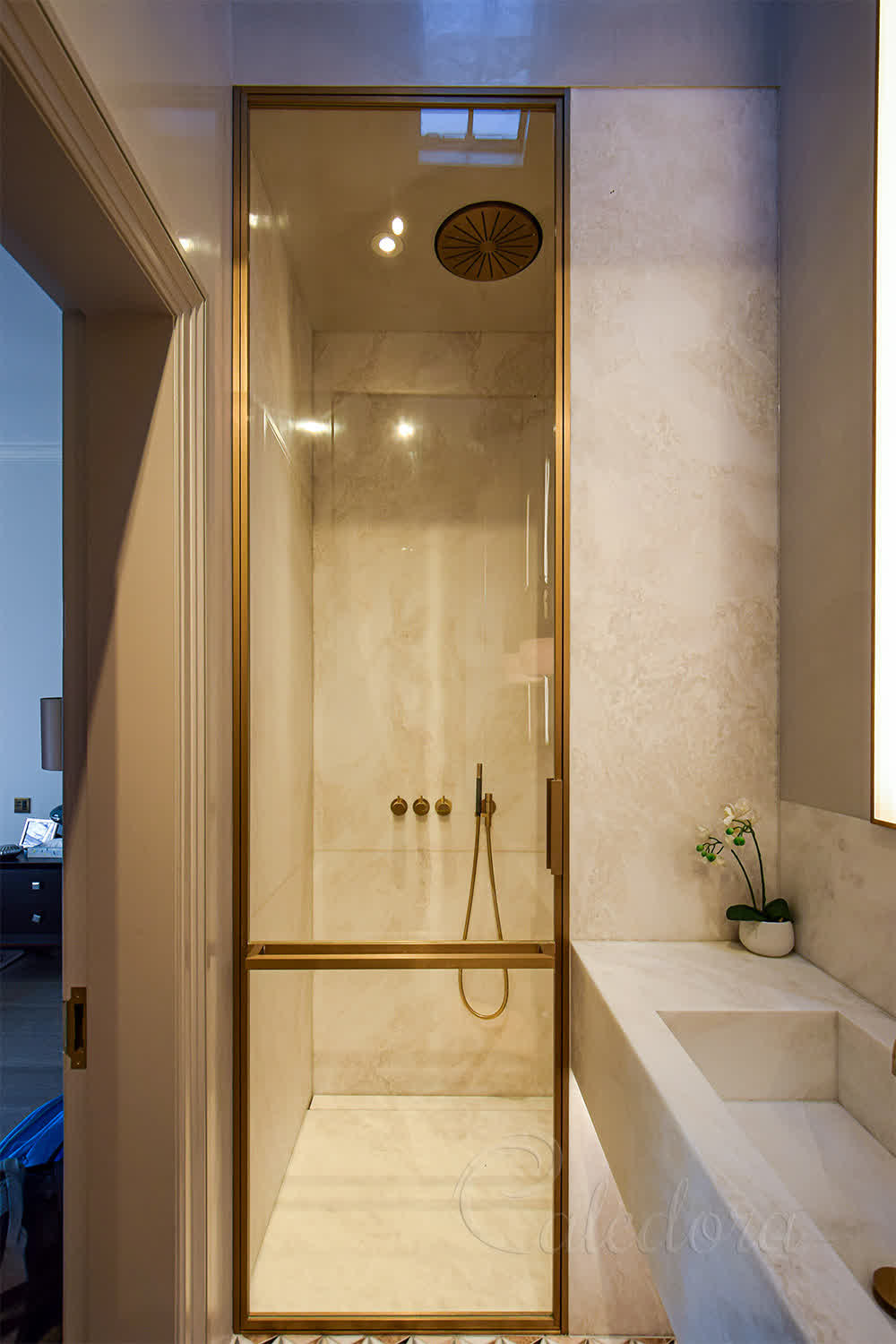 Framed brass shower door in swing layout with clear glass and matching wall lines