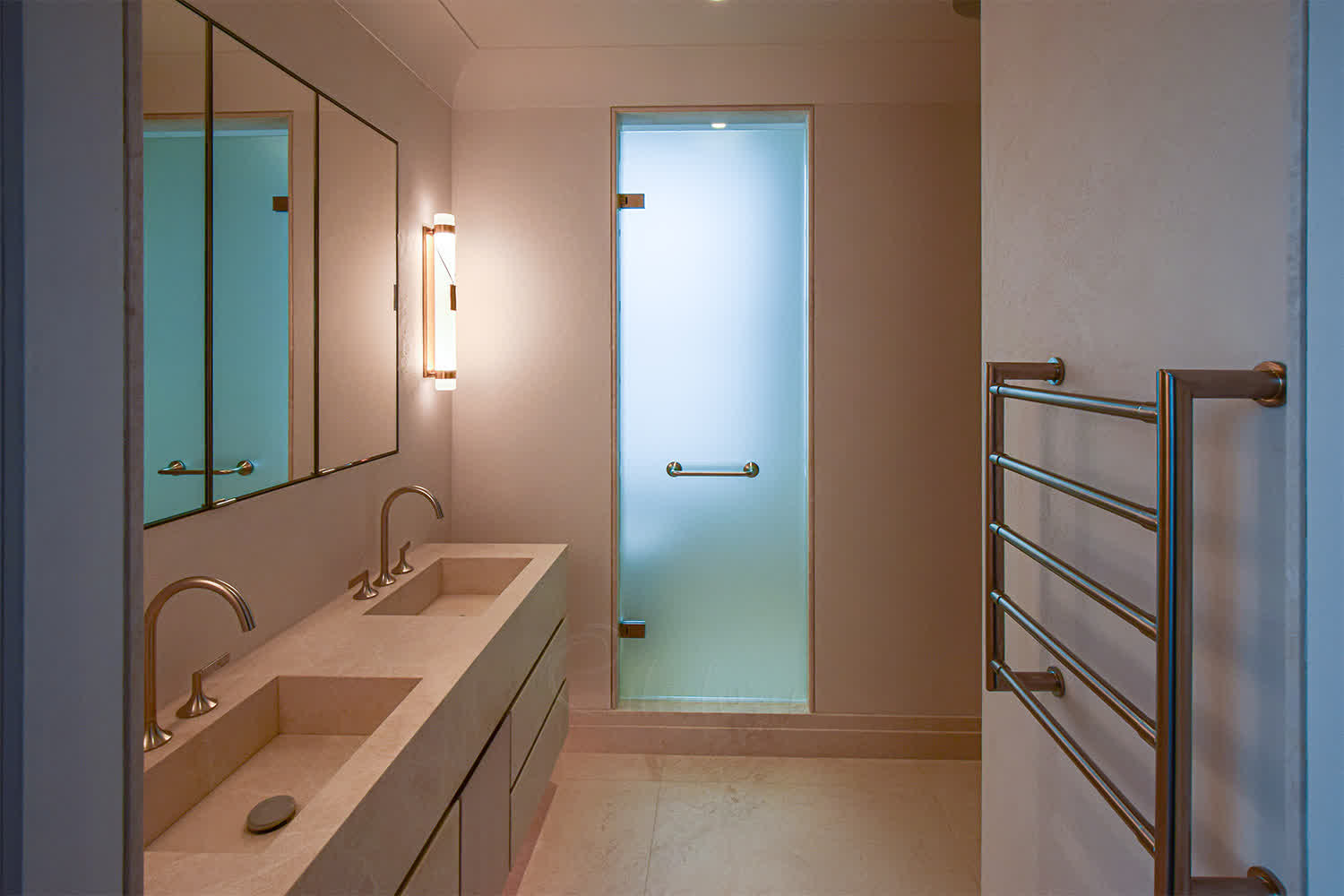 Luxury frosted glass shower doors and WC entrance with brushed stainless hardware mounted on natural stone