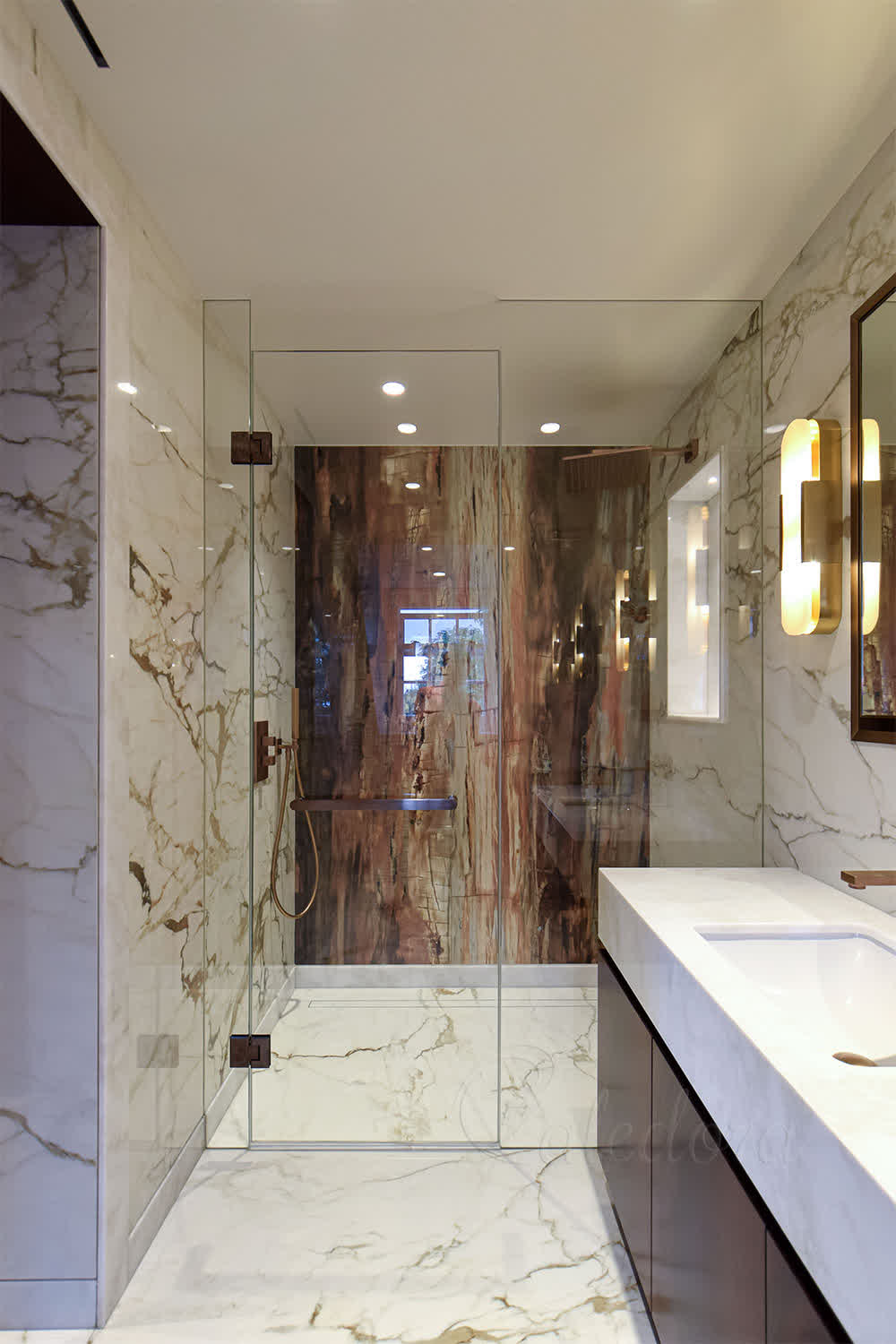 Frameless inline shower with recessed screens and clear wall-to-wall glass