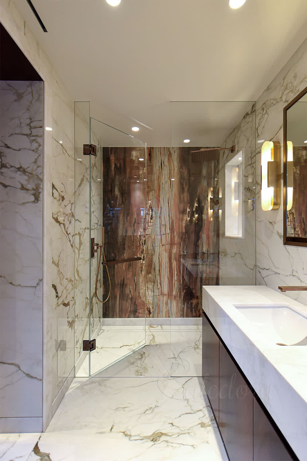 Ultra clear glass shower door with antique copper hinges and towel rail handle