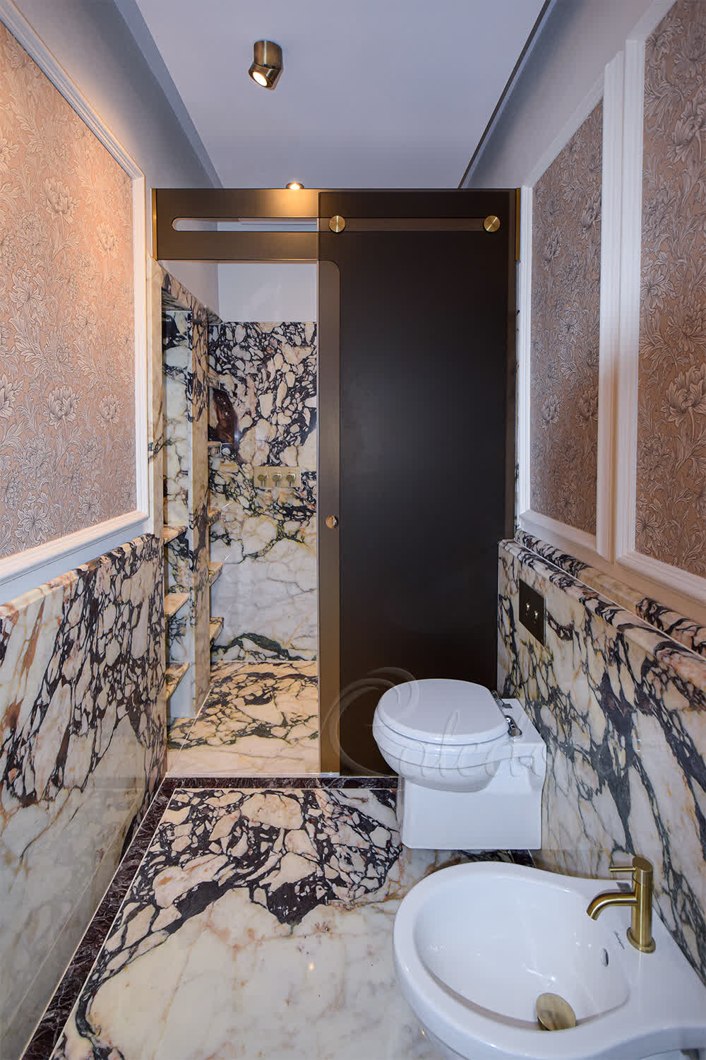 Smoked glass shower enclosure with frosted shower enclosure design featuring bronze tinted glass and sandblasted privacy coating