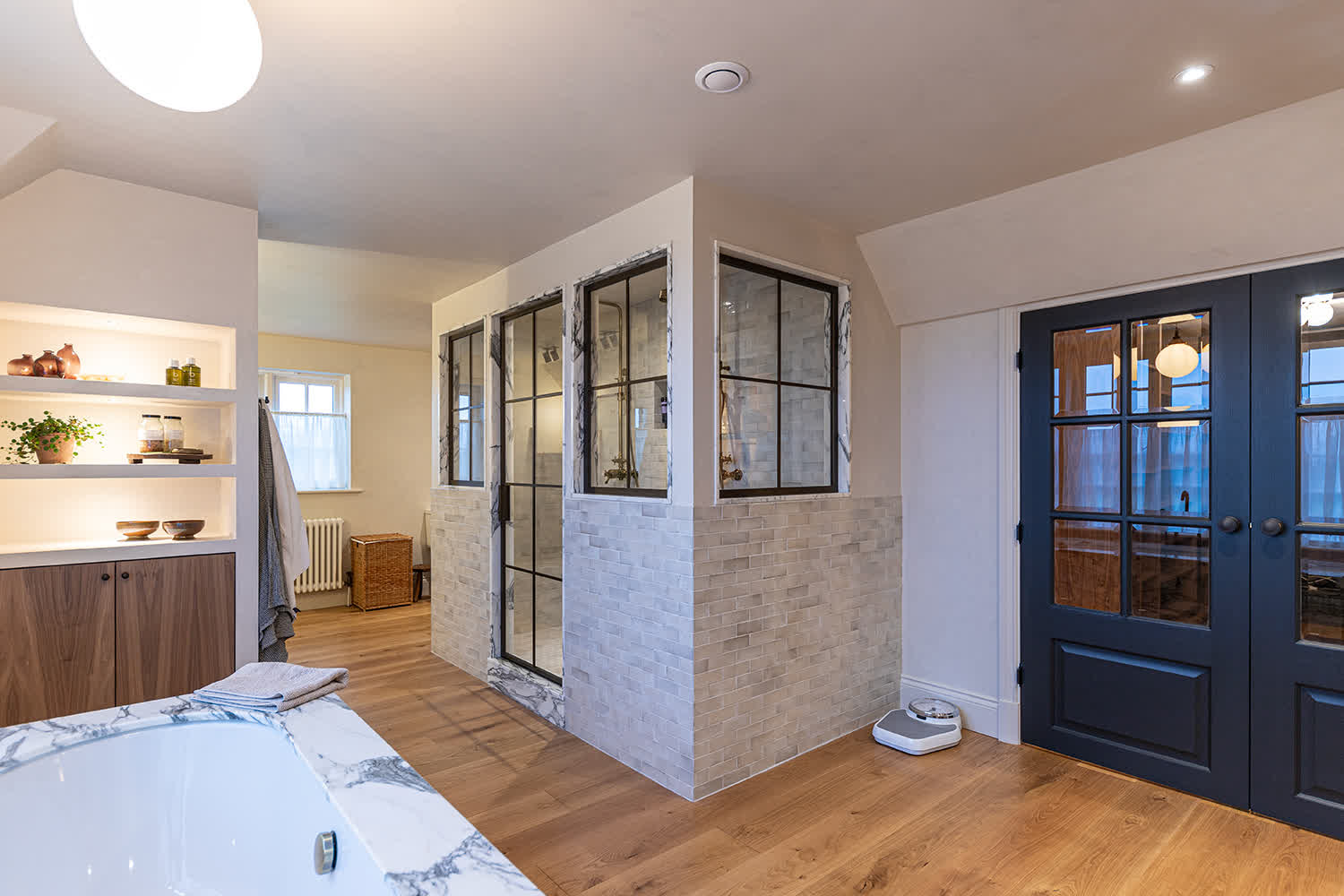 bronze crittall shower door with hinges