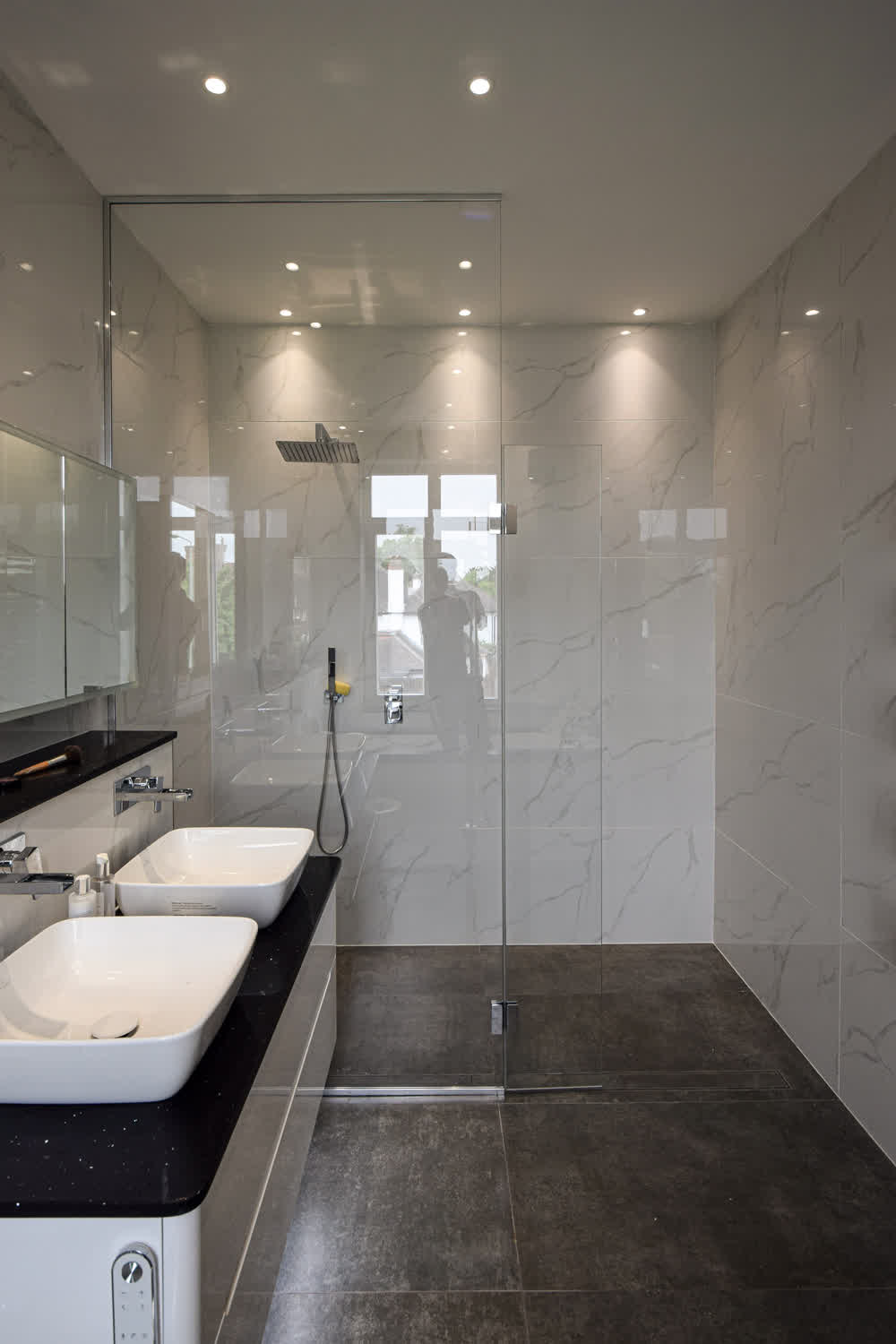 shower screen to the ceiling with a flip panel