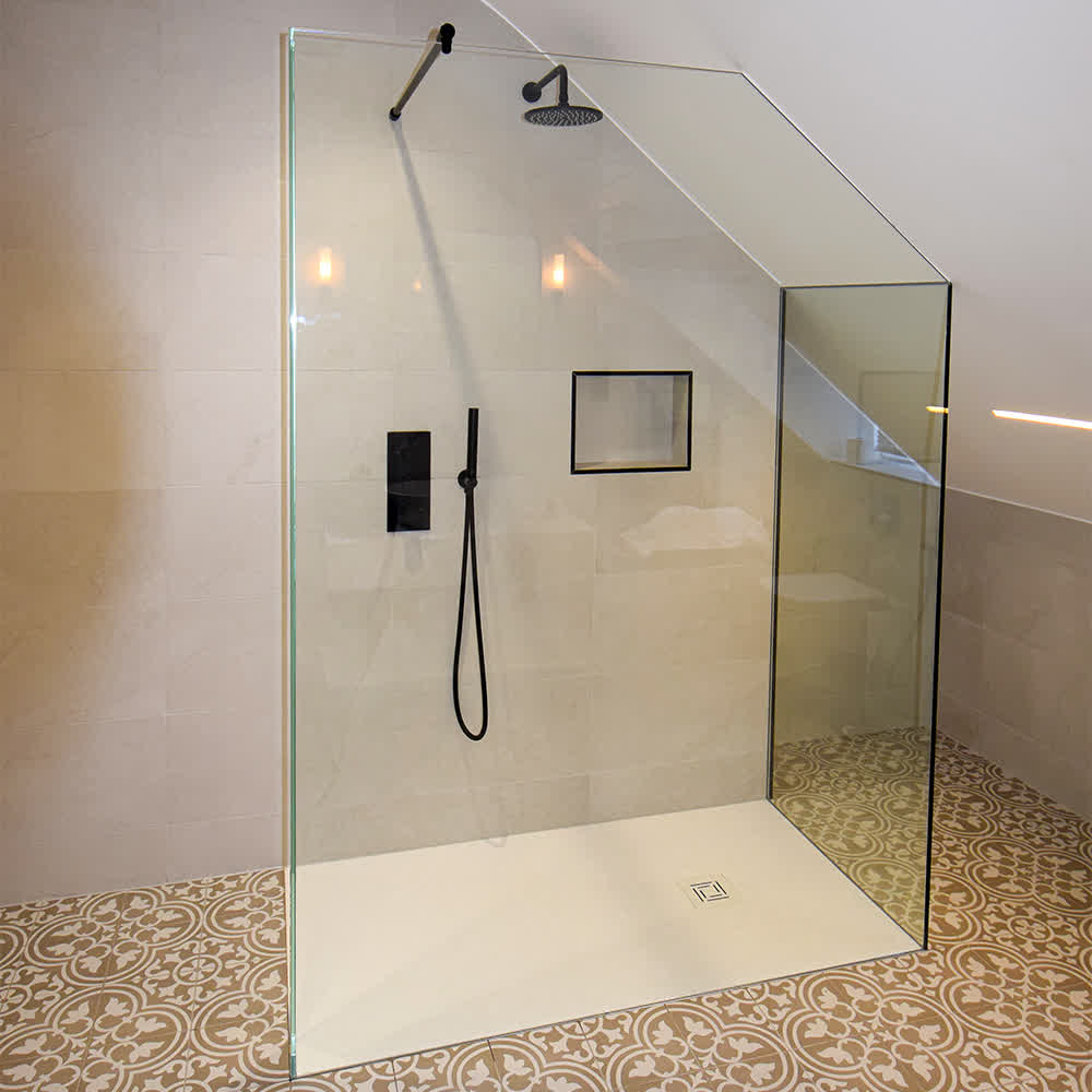 L-shape walk-in shower screen under eaves